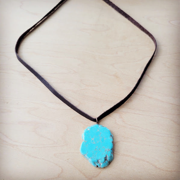**Turquoise Slab Pendant on Leather Cord Necklace 254d