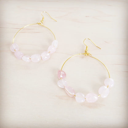 Beaded Hoop Earrings- Genuine Natural Rose Quartz Stones 200bk
