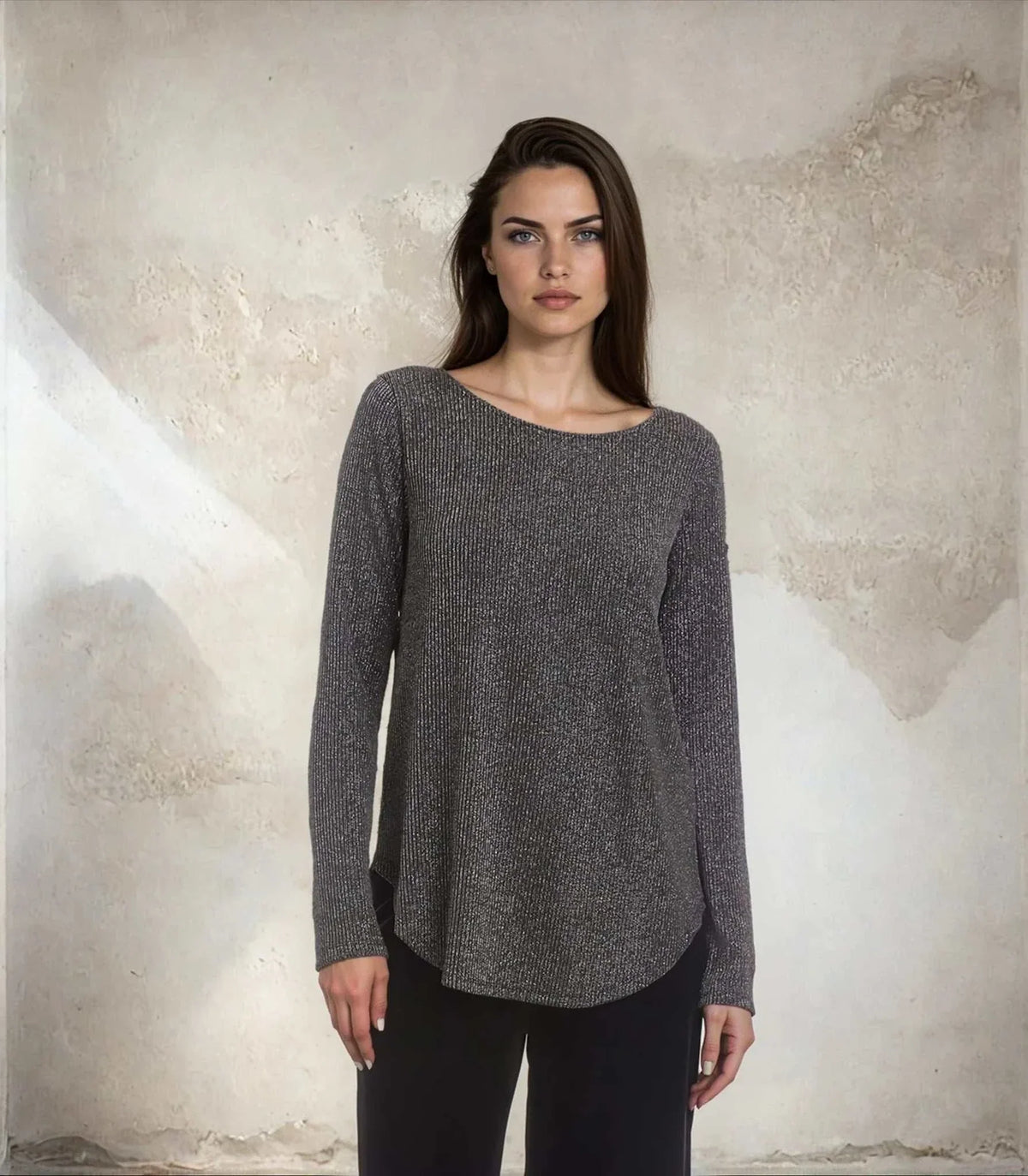 Petite Size Long Sleeve Metallic Stripe Shirttail Top