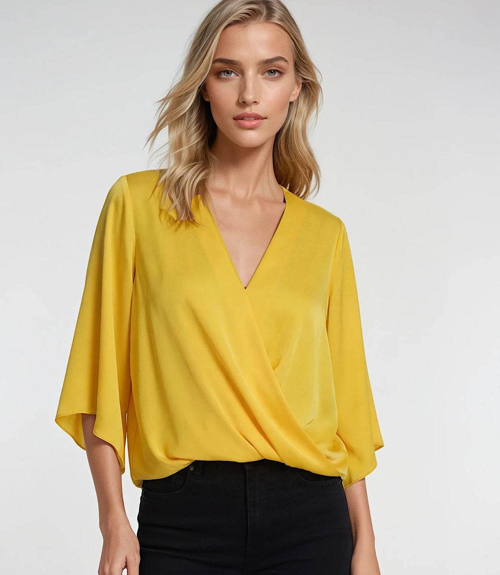 Petite Size Bracelet Sleeve Drape Front Crossover Top