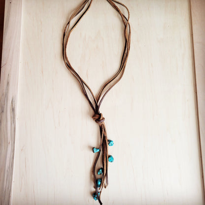 Rustic Knotted Leather Cord Necklace with Turquoise 263g