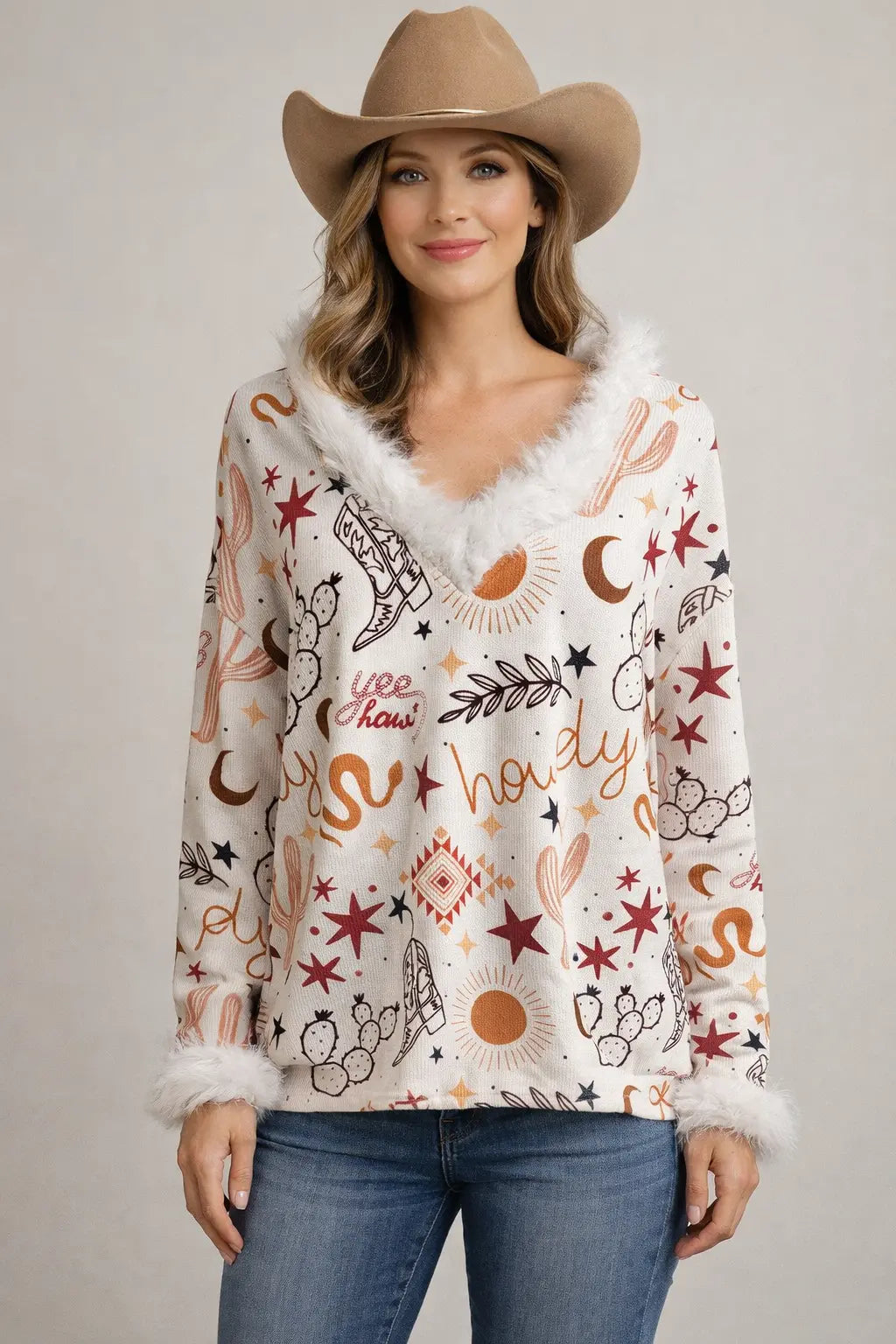 Howdy Faux Fur Trimmed Top