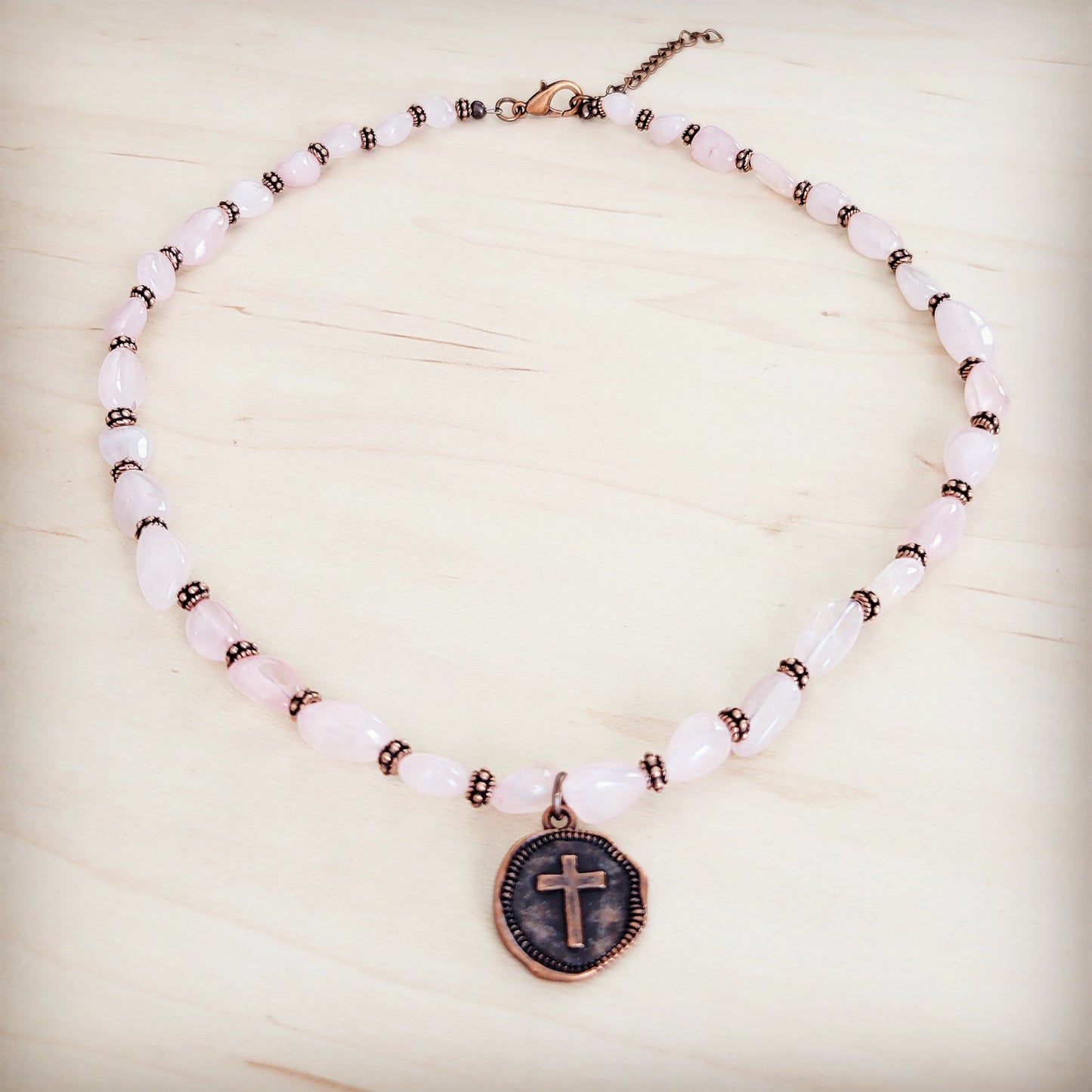 Rose Quartz Collar Necklace w/ Copper Cross Round Charm 263j