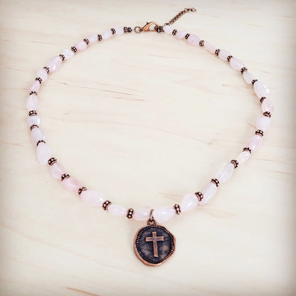 Rose Quartz Collar Necklace w/ Copper Cross Round Charm 263j