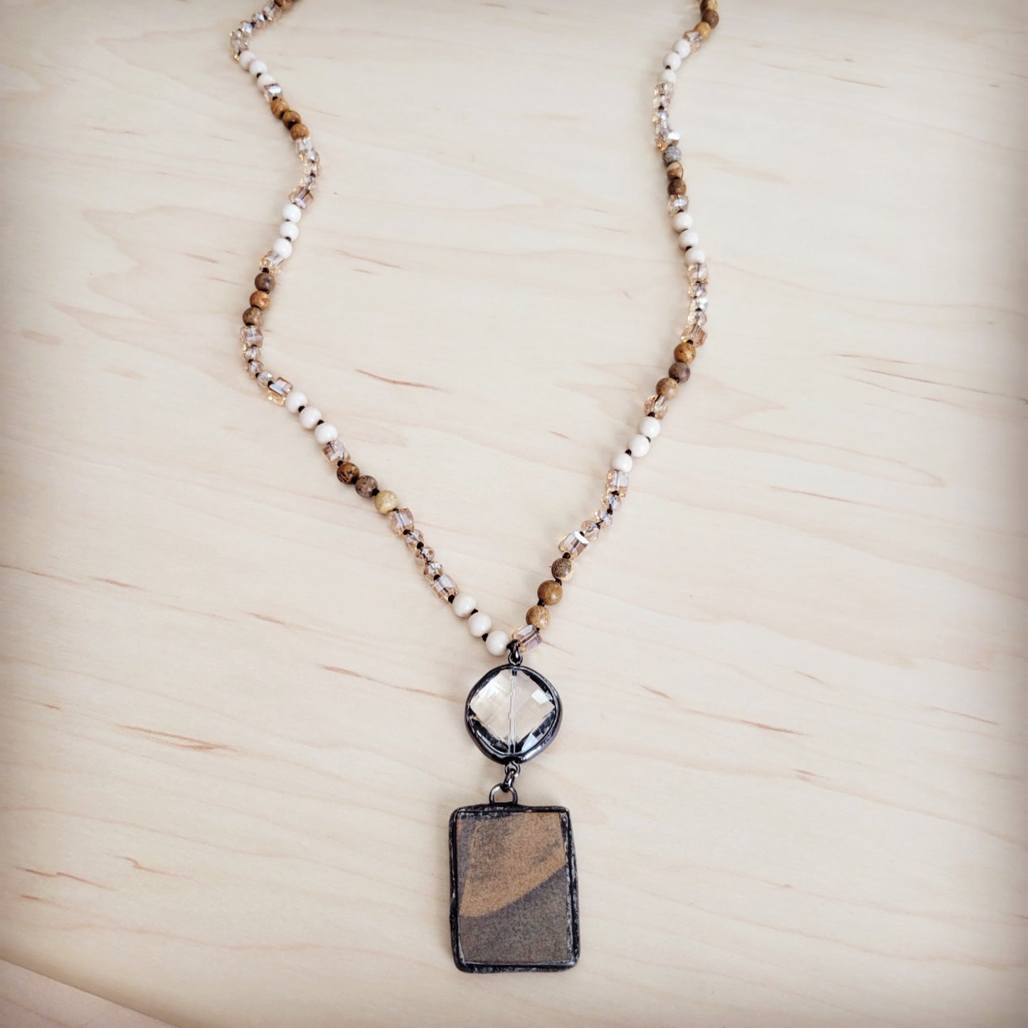 Picture Jasper & Crystal Long Beaded Necklace w/ Jasper Pendant 262t