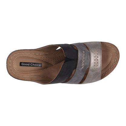 Delores Black Multi-Tone Triple Band Contrast Wedge Sandals