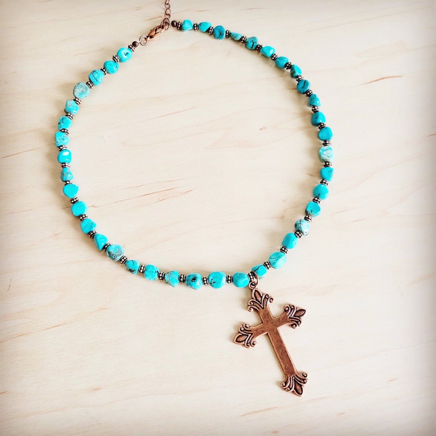 Turquoise and Copper Collar Necklace w/ Copper Cross Pendant 263z