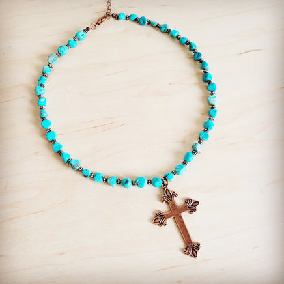 Turquoise and Copper Collar Necklace w/ Copper Cross Pendant 263z