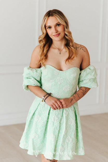 Mint Jacquard Ruffle Dress — Off Shoulder Western Floral