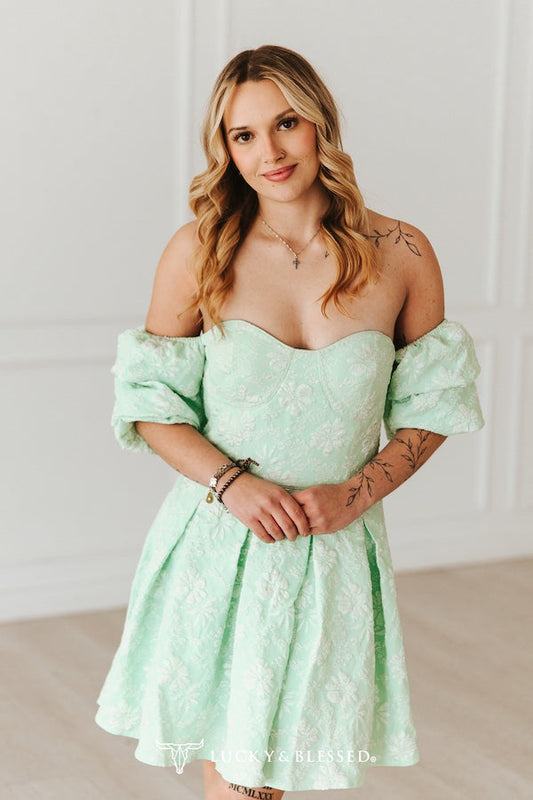 Mint Jacquard Ruffle Dress — Off Shoulder Western Floral