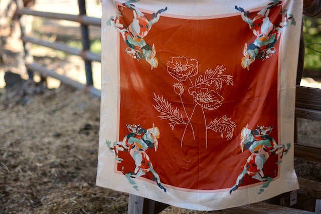 Large 100% Mulberry Silk 35x35: Poppy Cowgirl Wild Rag Western Red Scarf