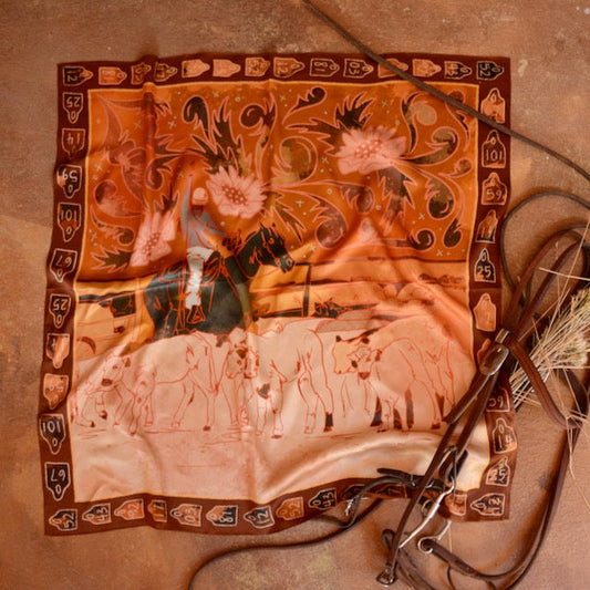 Large 100% Mulberry Silk 35x35: Round Up Floral Cattle Cowgirl Western Wild Rag