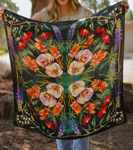 Large 100% Mulberry Silk 35x35: Vivid Wildflowers Western Cowgirl Wild Rag Scarf