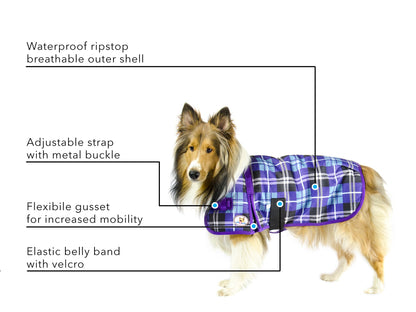 Derby Originals Ruff Pup Arctic Purple Plaid Dog Coat – 1200D Waterproof Ripstop, 150g Insulated Winter Jacket, Breathable 3-Layer Design, Adjustable Fit, 2-Year Warranty