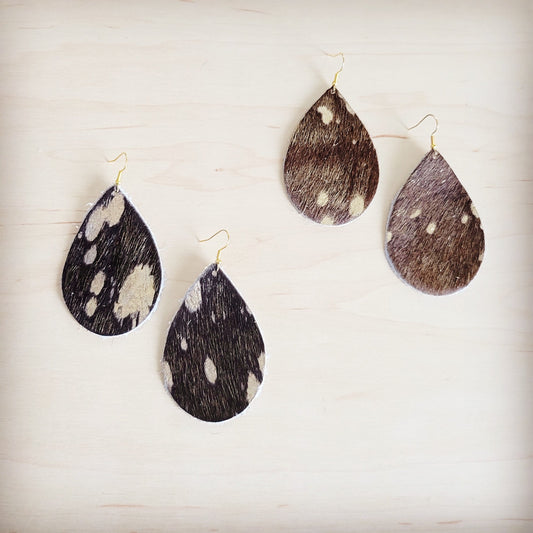**Leather Teardrop Earrings in Mixed Metallic Hair on Hide 201p
