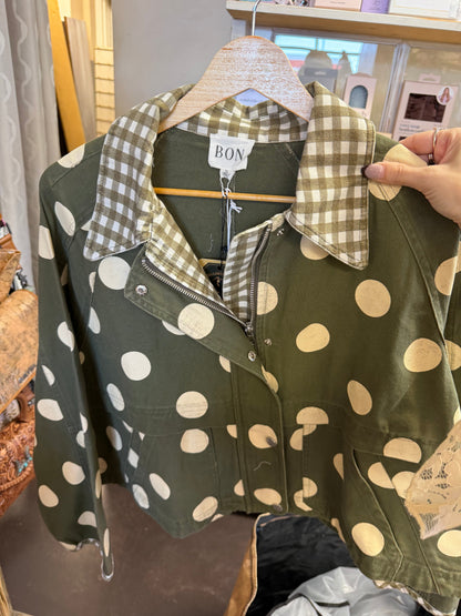 Polka Dot Canvas Fall Jacket with Gingham Collar-Multiple Colors