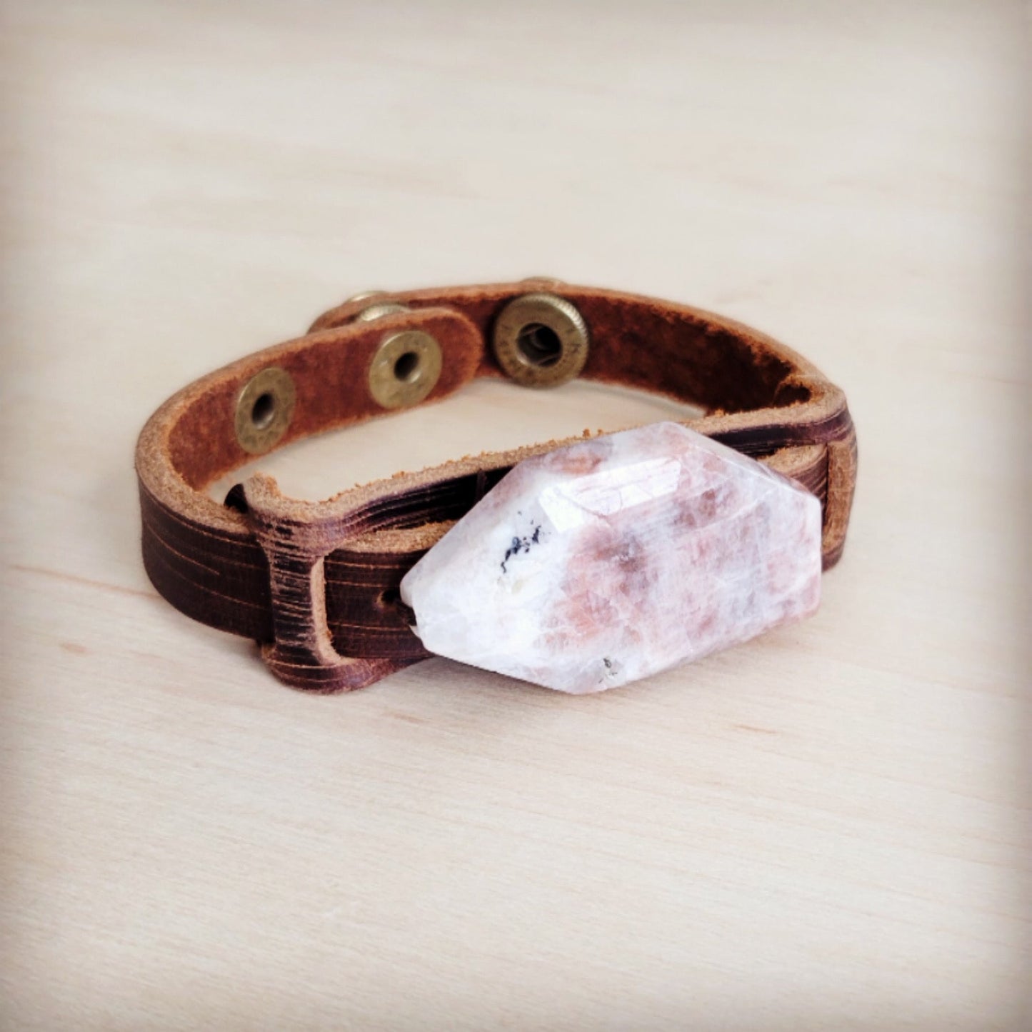 Sunstone Slab Narrow Leather Cuff Bracelet 001ab