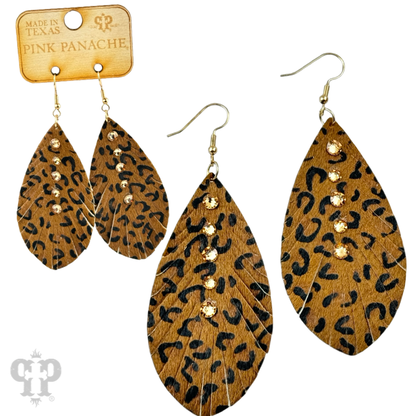 Leather animal print teardrop earring, Austrian crystals - LC
