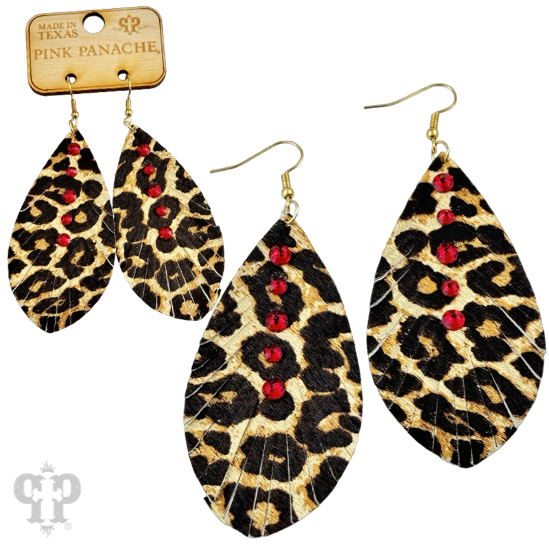 Leather animal print teardrop earring, Austrian crystals - LC