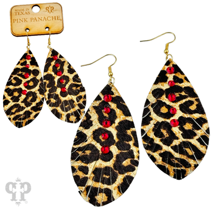 Leather animal print teardrop earring, Austrian crystals - LC