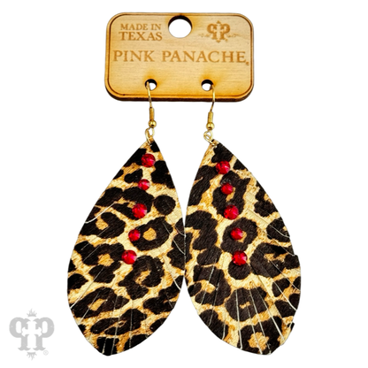 Leather animal print teardrop earring, Austrian crystals - LC