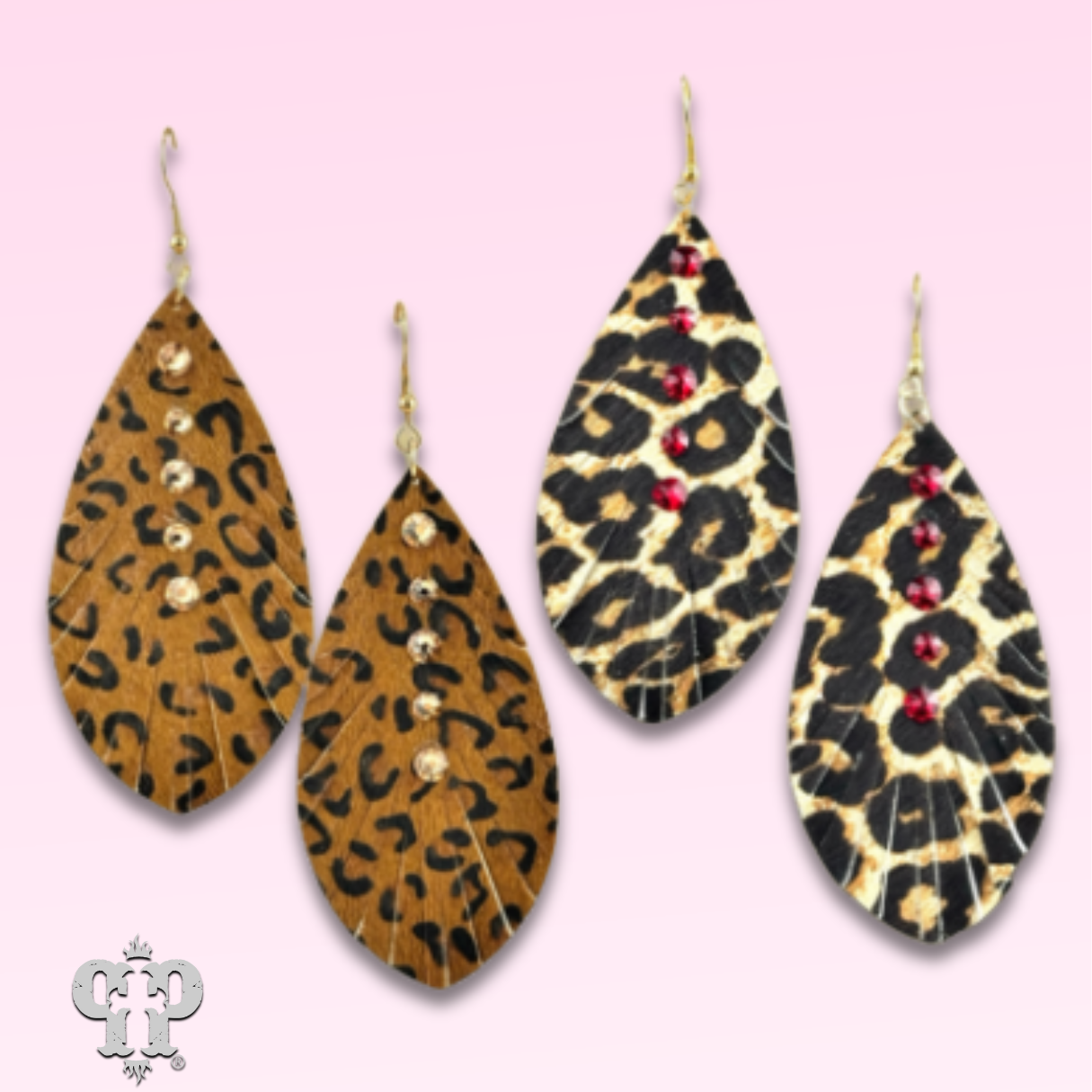 Leather animal print teardrop earring, Austrian crystals - LC