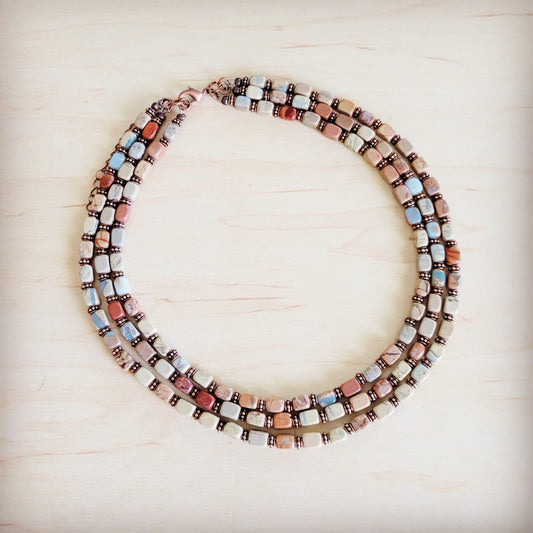 Triple Strand Layered Boho Aqua Terra & Copper Necklace 264m