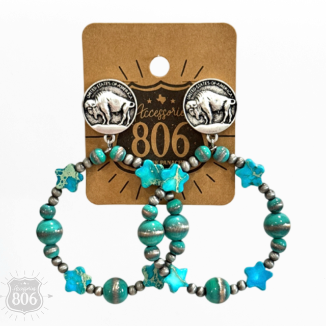 Turquoise tone bead, buffalo nickel earring