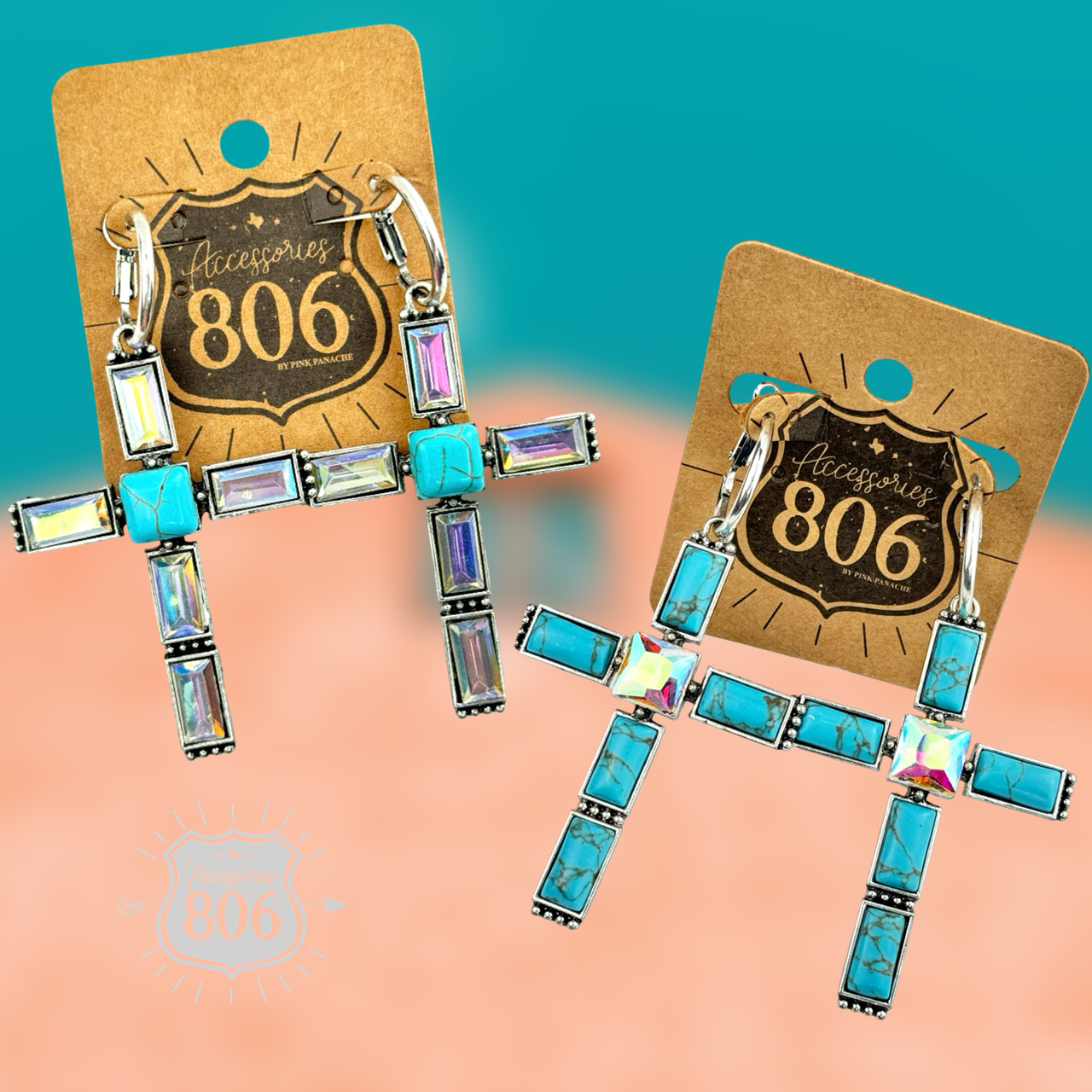 Turquoise and rhinestone cross earring