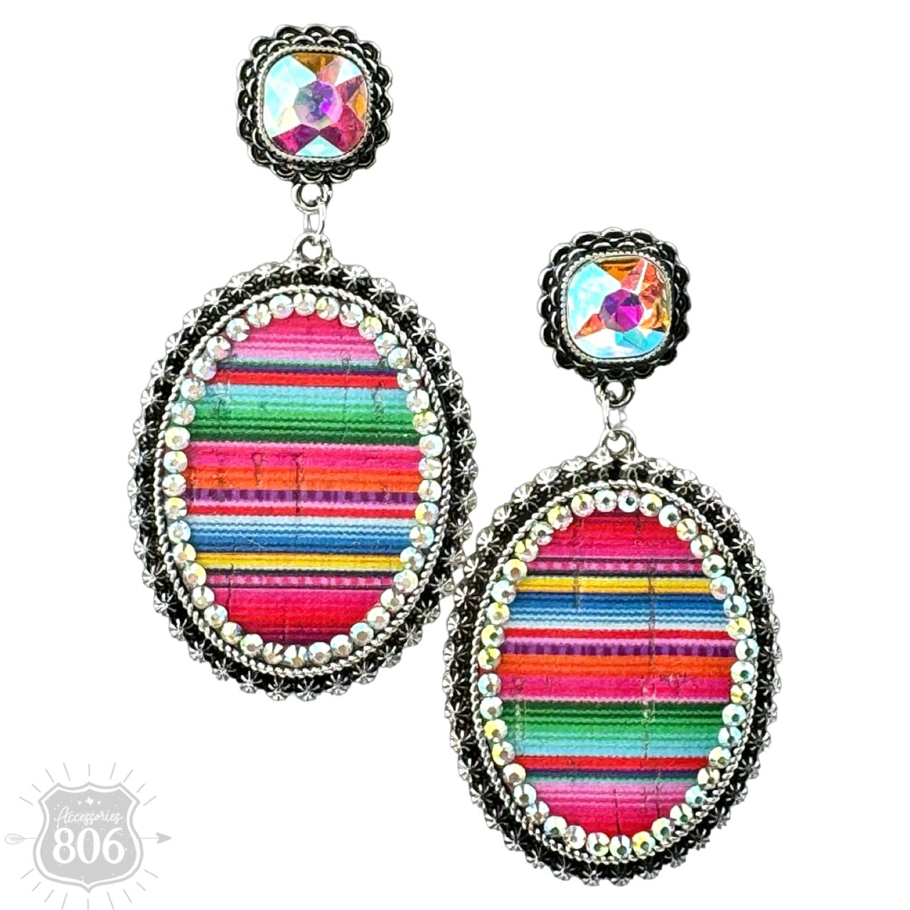 Serape filled oval rhinestone post dangle earring - LC