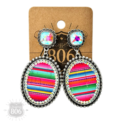 Serape filled oval rhinestone post dangle earring - LC