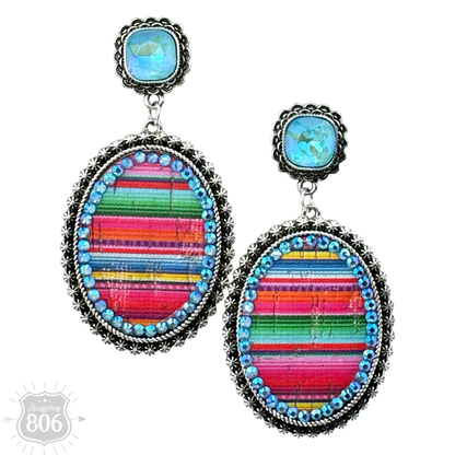 Serape filled oval rhinestone post dangle earring - LC