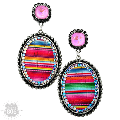 Serape filled oval rhinestone post dangle earring - LC