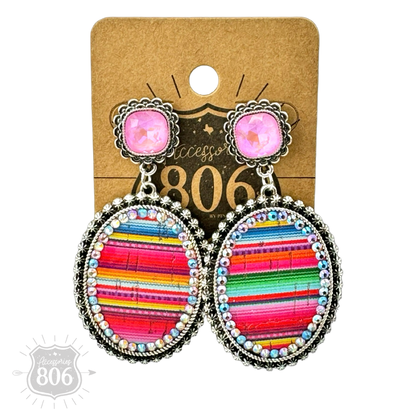 Serape filled oval rhinestone post dangle earring - LC