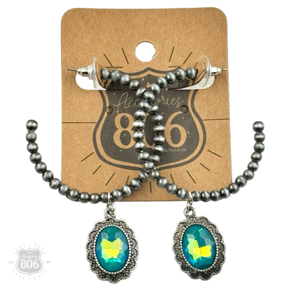 Navajo style bead hoop earring, oval rhinestone charm