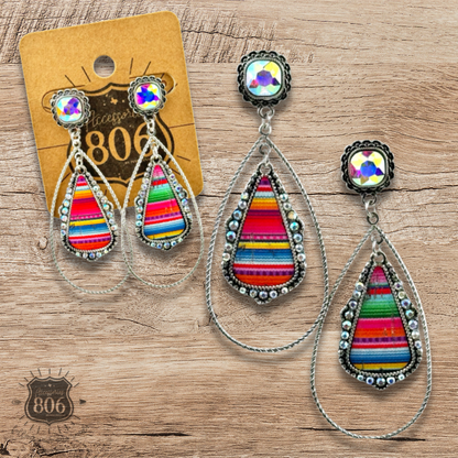 Western serape teardrop earring, square rhinestone post