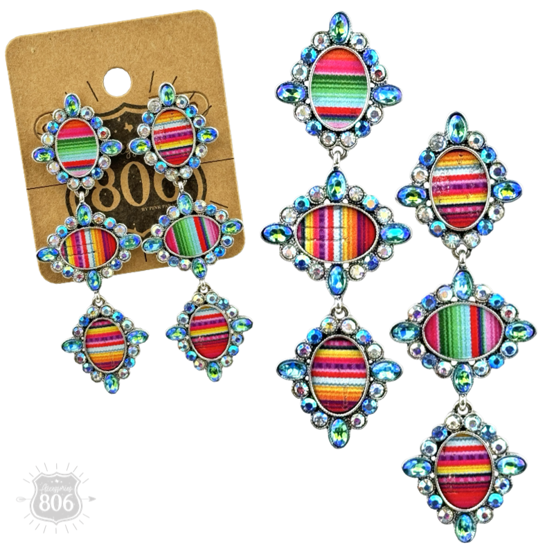 Western serape triple oval earring with rhinestones
