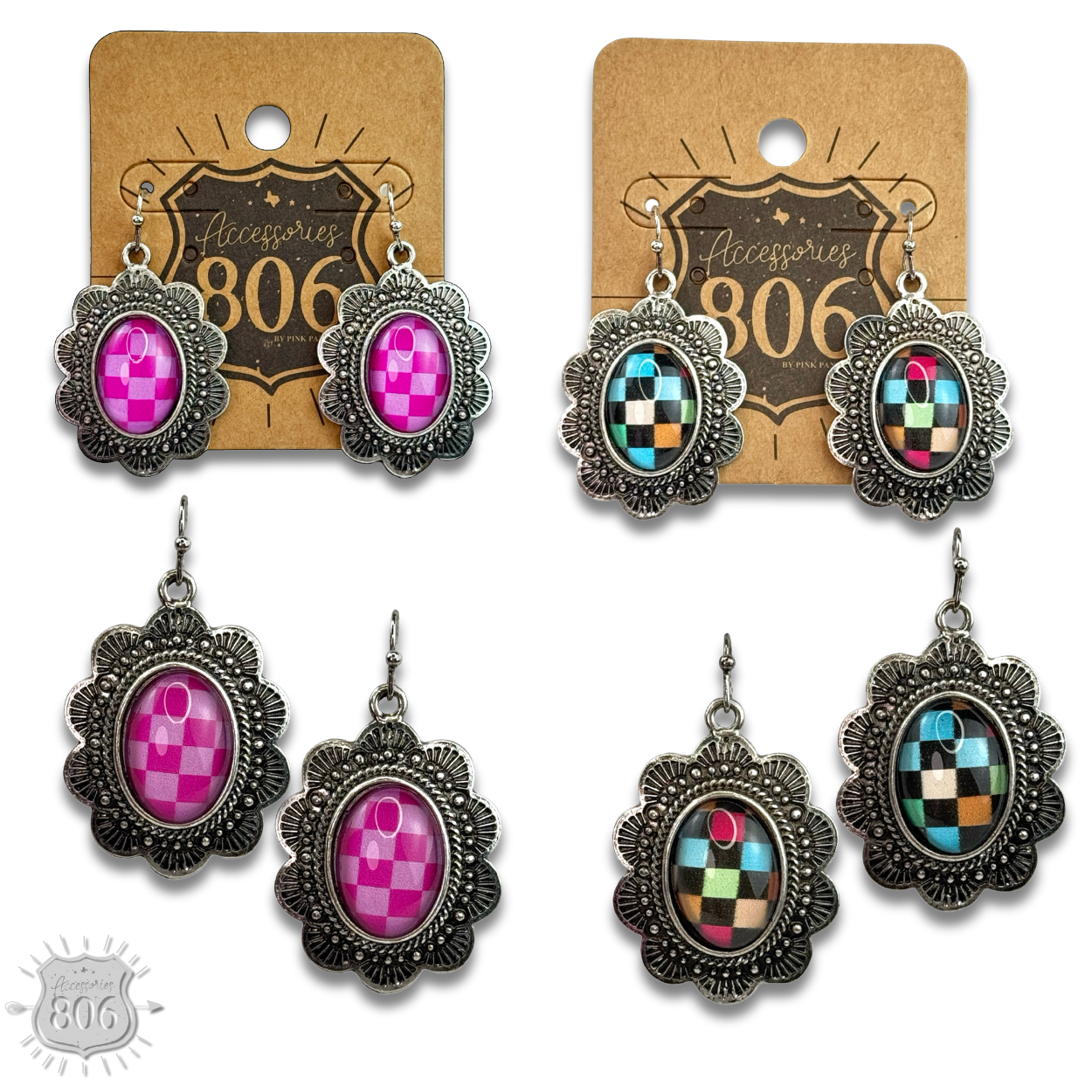 Oval checkerboard scallop shape earring