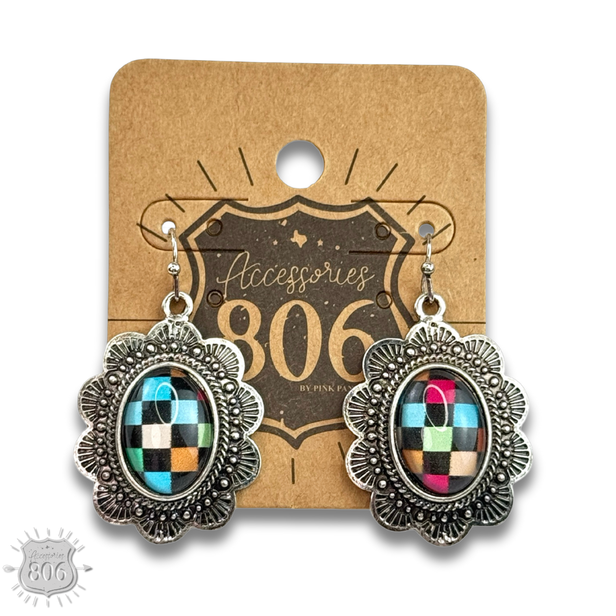 Oval checkerboard scallop shape earring