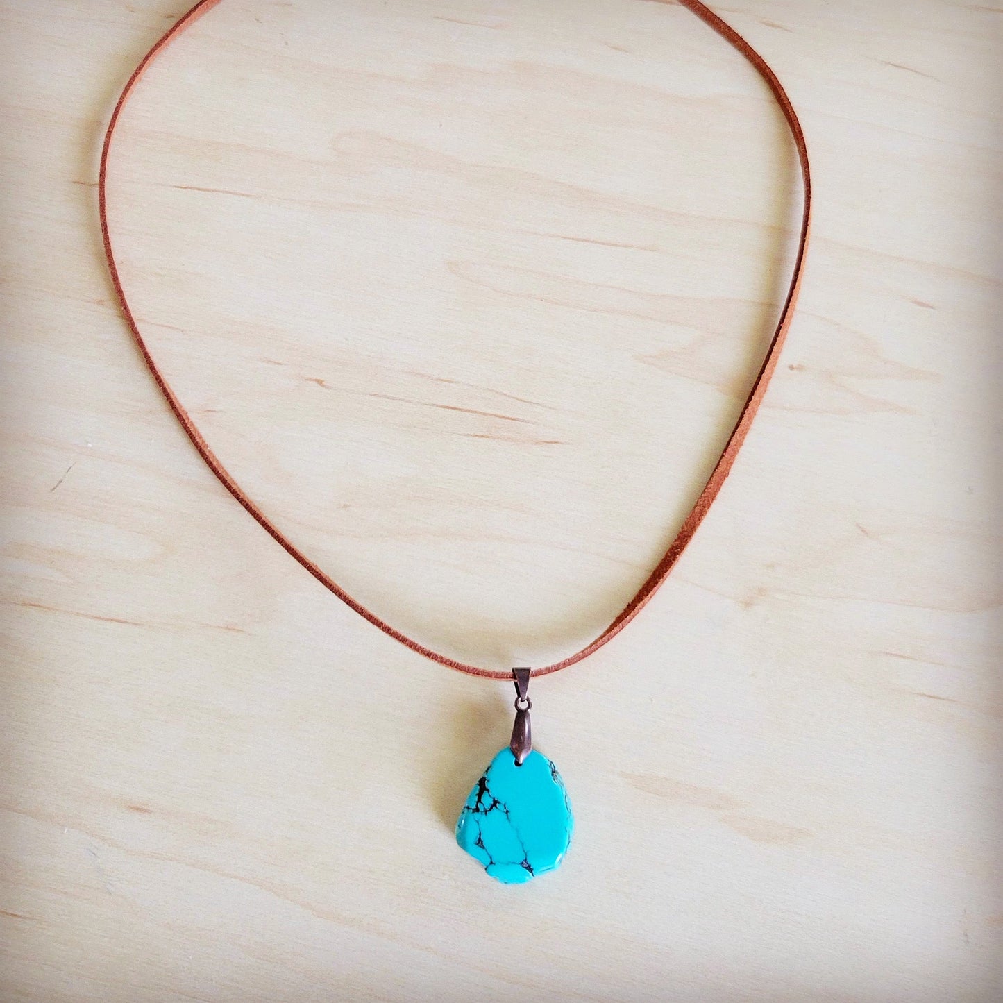 **Turquoise Slab Pendant on Leather Cord Necklace 254d