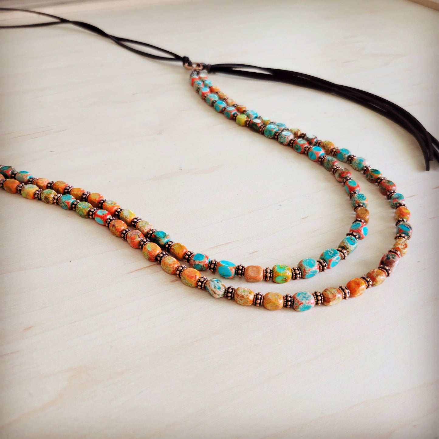 Sunrise Regalite Double Strand Beaded necklace w/ Tassel 264p
