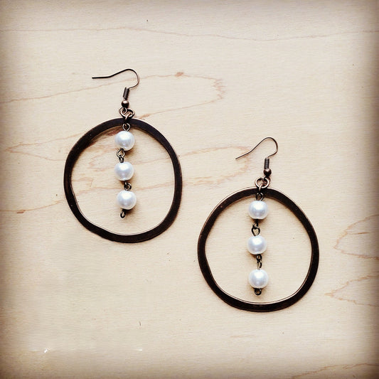 Western Copper Hoop Earrings w/ Glass Pearl Beads 217h