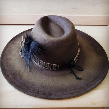 Hand-Painted Distressed Boho Western Cowgirl Hat & Band-Olive 987n