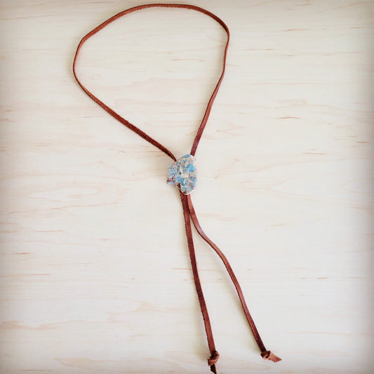 Leather Lariat Boho Necklace w/ Aqua Terra Slab Accent 264e