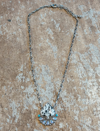 White Spade Stone Necklace & Earring Set – Turquoise + AB Crystal Western Glam Set