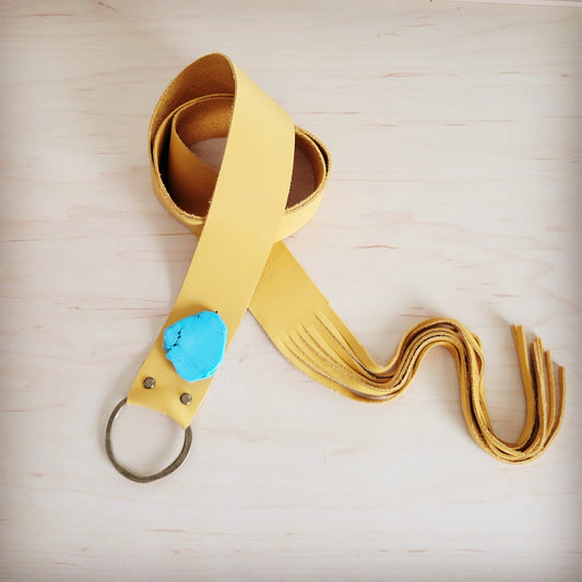 Mustard Leather Belt with Leather Fringe Closure and Turq Slab 908u