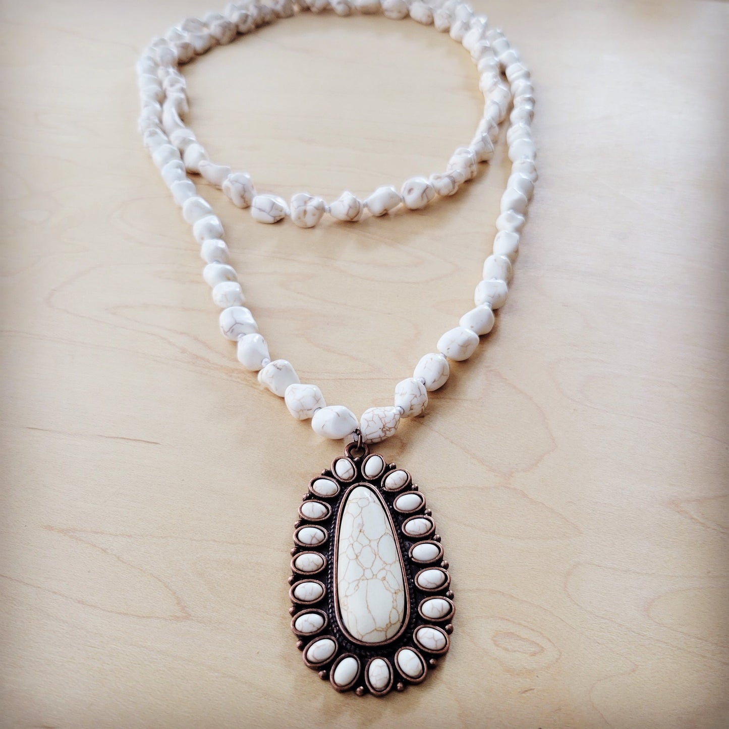 **Long Turquoise Beaded Necklace w/ Squash Blossom Pendant White 261ww