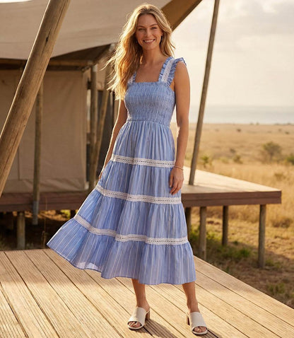 Stripe Sleeveless Tiered Midi Dress