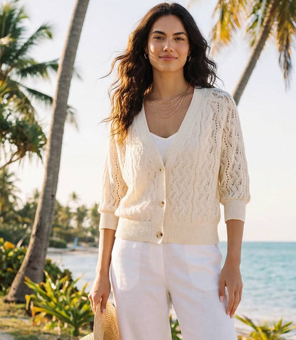 Petite Size Puff Sleeve Crochet Cardigan Sweater