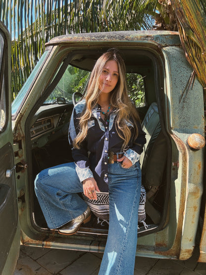 John Wayne Western Pearl Snap Button Up Top In Denim Blue